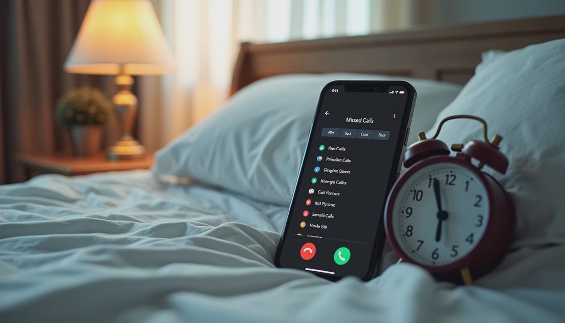 Phone showing missed calls beside alarm clock on nightstand