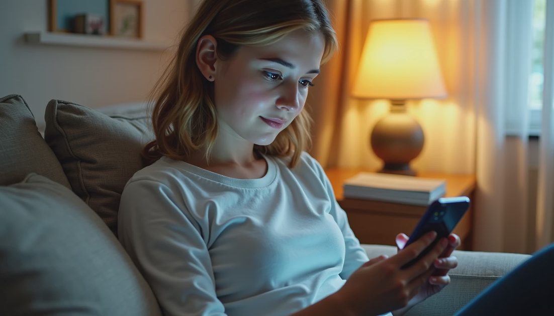 Daughter reading phone message with screenshot from father