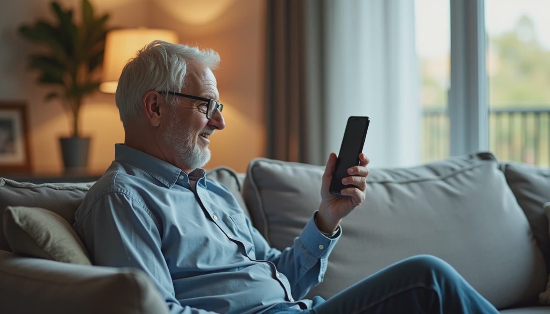 Older man on sofa adjusting phone during video call