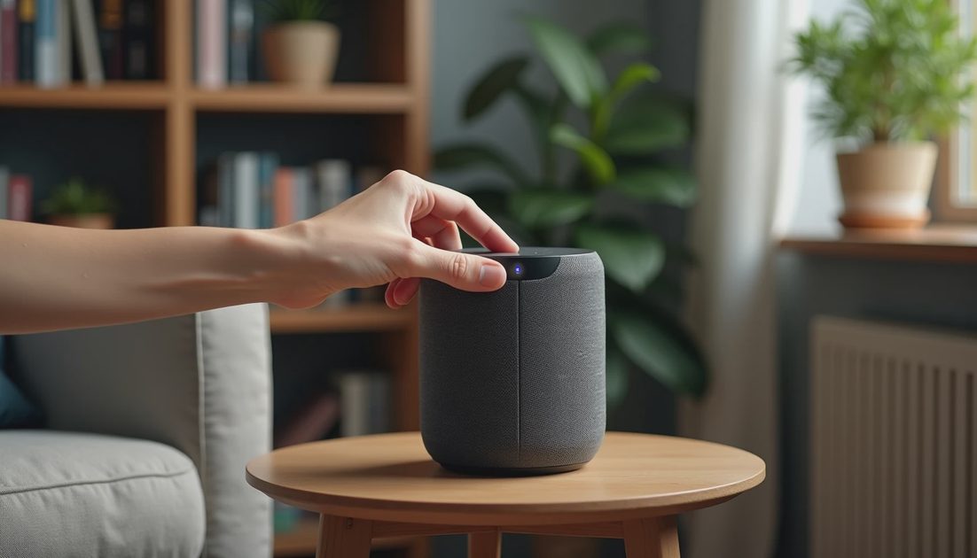 Hand pressing mute button on smart speaker
