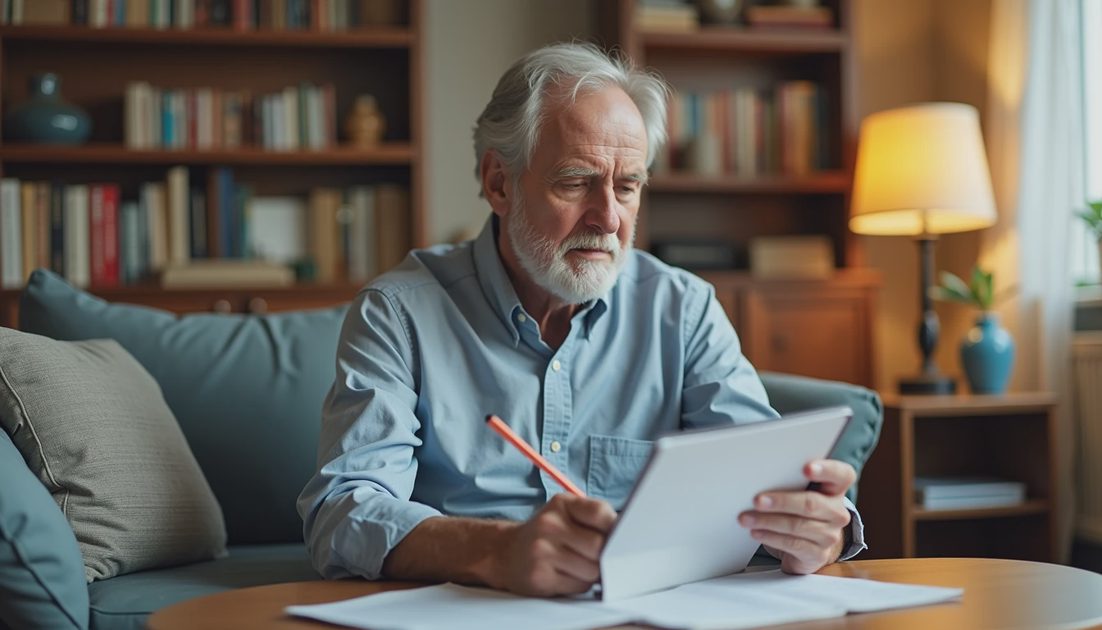 Older man following prompt card to take phone screenshot