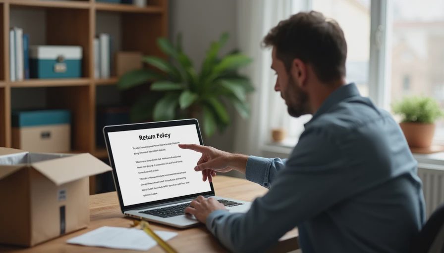 Man reading return policy beside opened package