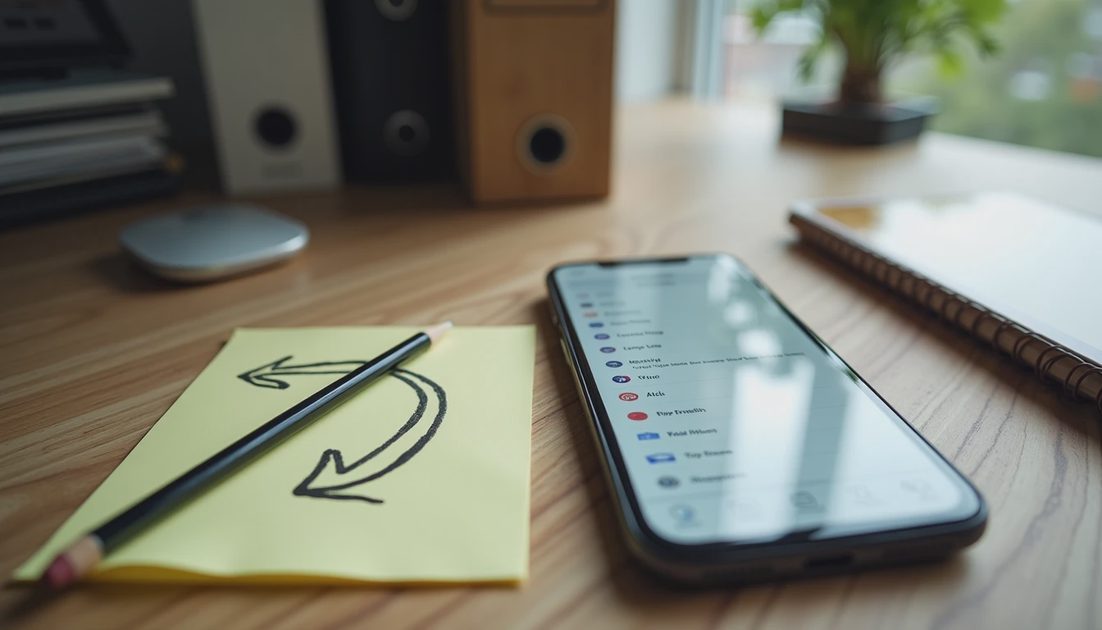 Phone showing display settings with notes and pencil on desk