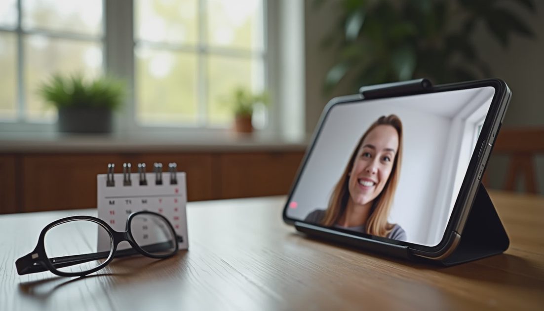 Phone on table showing video call preview with calendar