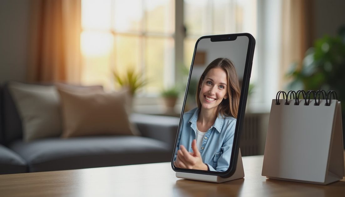 Phone on stand showing video call by window