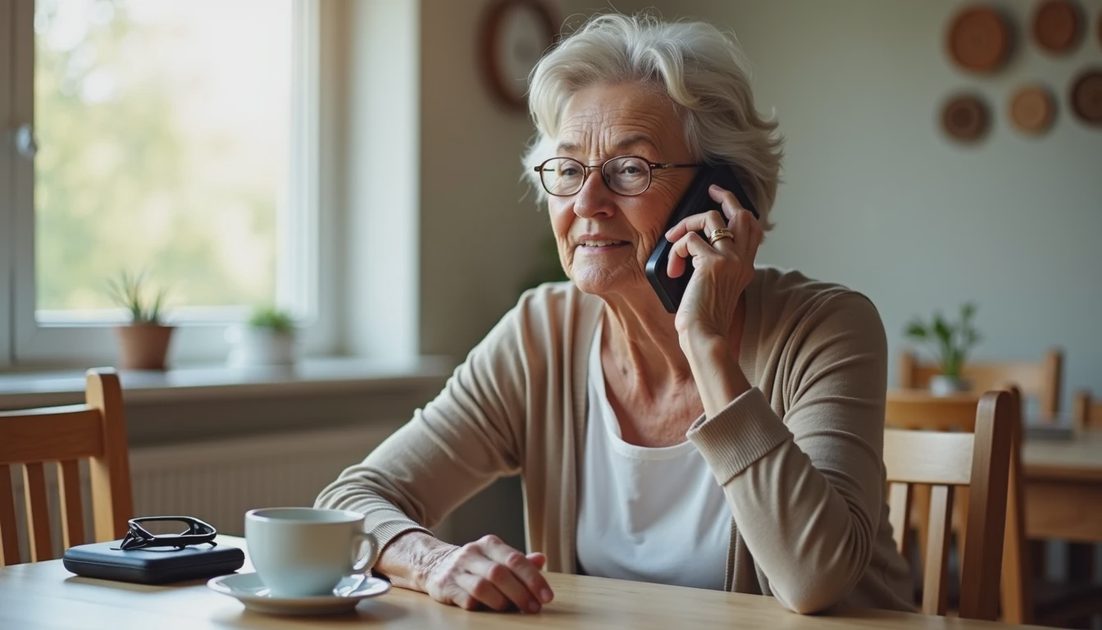 Older woman preparing to answer phone at dining table
