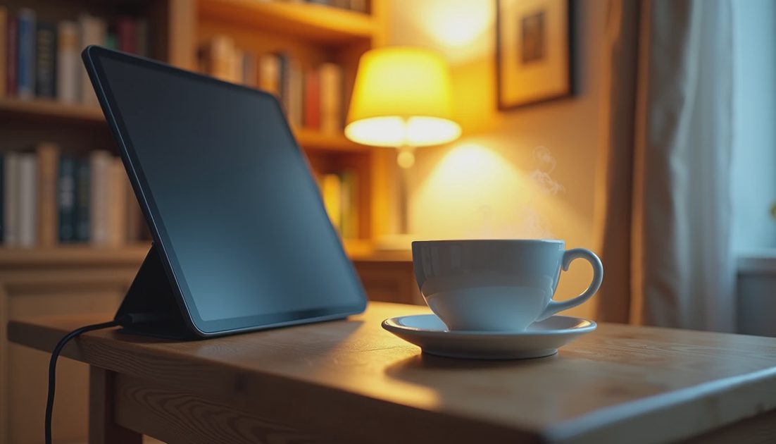 Tablet charging on a wooden side table beside a cup of tea in a home study