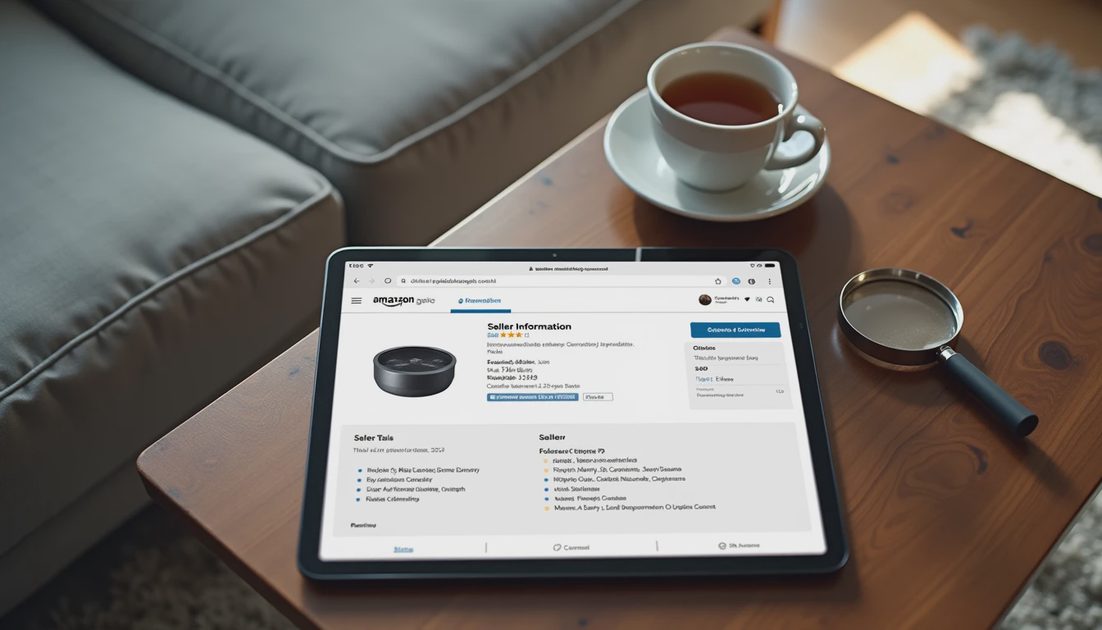 Tablet showing seller info with magnifier and tea