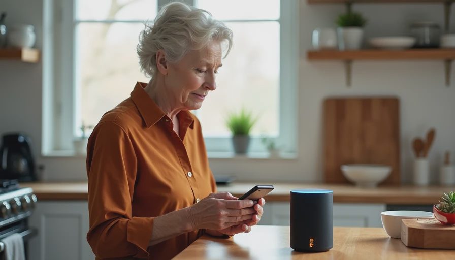 Older woman talking to smart speaker by kitchen timer