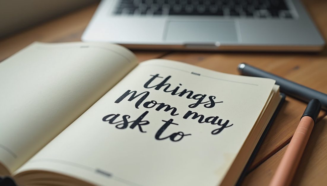 A handwritten notebook titled "things Mom may ask about" with a pen beside it, sitting on a wooden table near a closed laptop