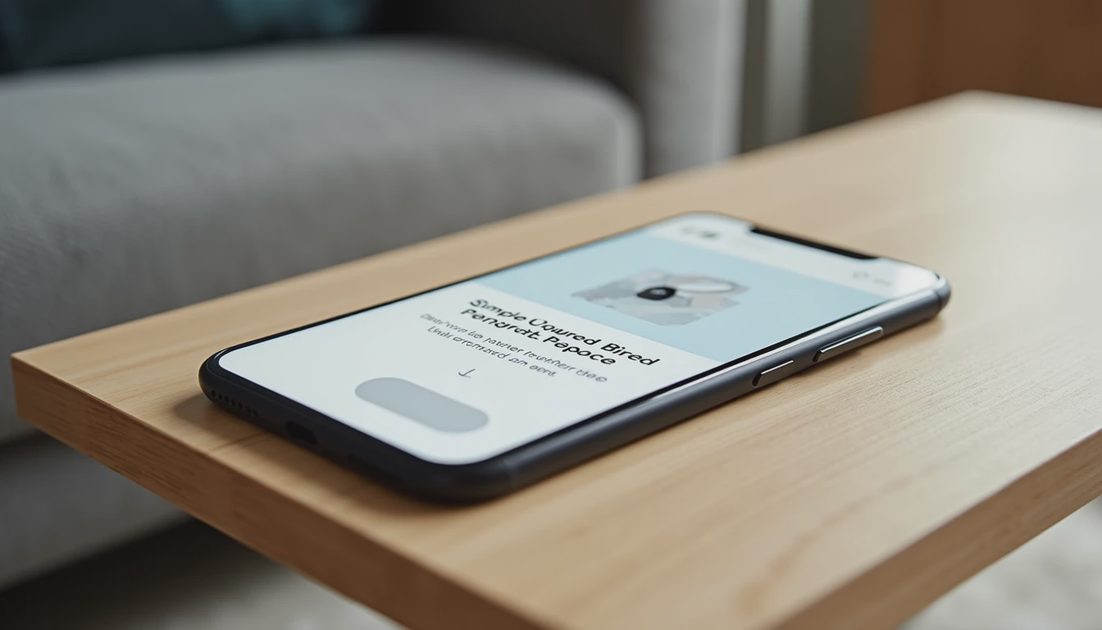 A smartphone on a coffee table displays a simple step-by-step technology help guide for elderly parents, with a soft-lit living room in the background