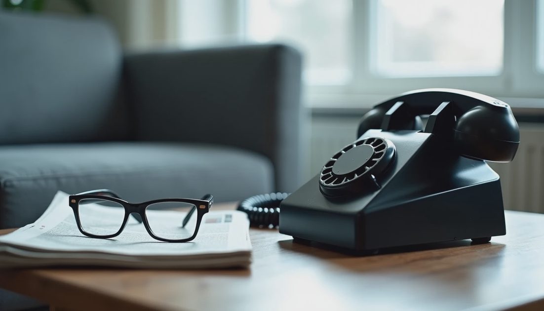Landline phone, folded reading glasses, and a newspaper on a living room coffee table