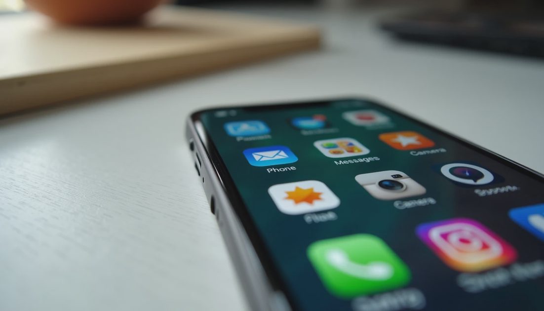 Close-up of a smartphone home screen with larger icons and labels, an early step in smartphone basics for seniors