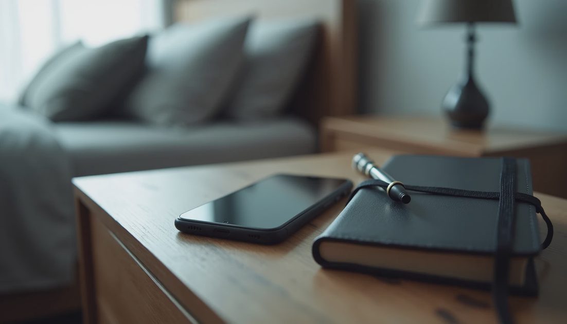 A closed notebook and a face-down phone on a bedside table