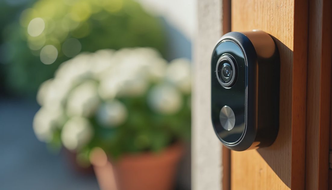 A doorbell camera mounted on a back door frame with a garden behind it