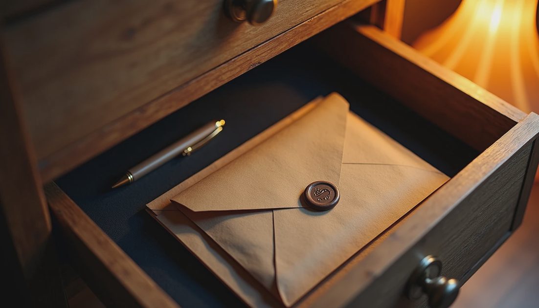 A sealed envelope and notebook inside an open wooden box in a drawer