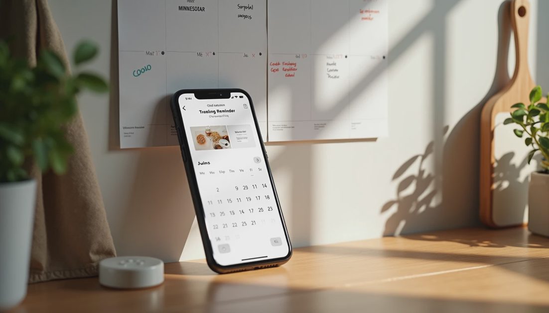 Phone leaning against a wall calendar showing an appointment reminder in a kitchen