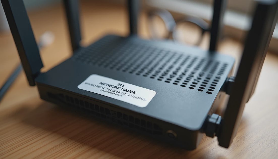 Close-up of the bottom of a home Wi-Fi router showing the network name and password sticker beside reading glasses and a pencil — a key step in how to set up home Wi-Fi for beginners