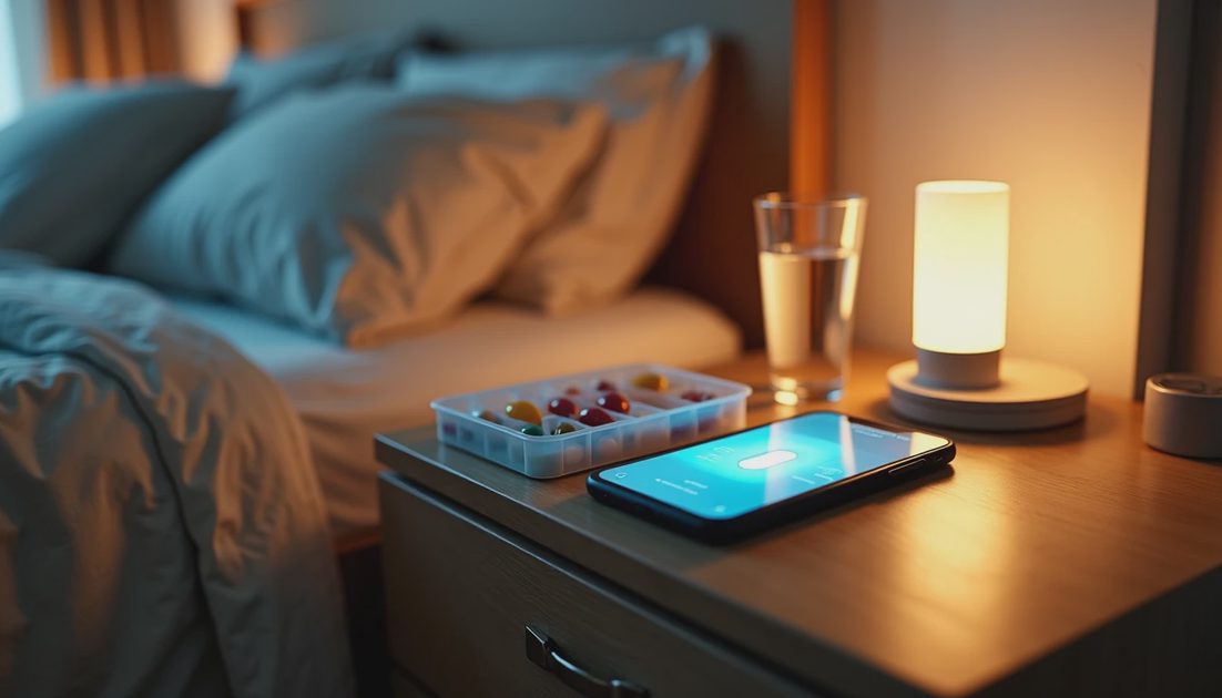 Pill organizer, water glass, and phone showing a medication list on a nightstand at night