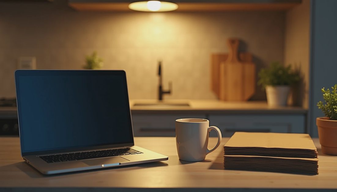 A laptop with a dark screen, a mug of coffee, and flattened shipping boxes on a kitchen island