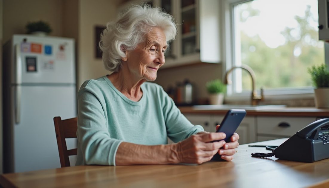 Older woman looking at verification text beside landline