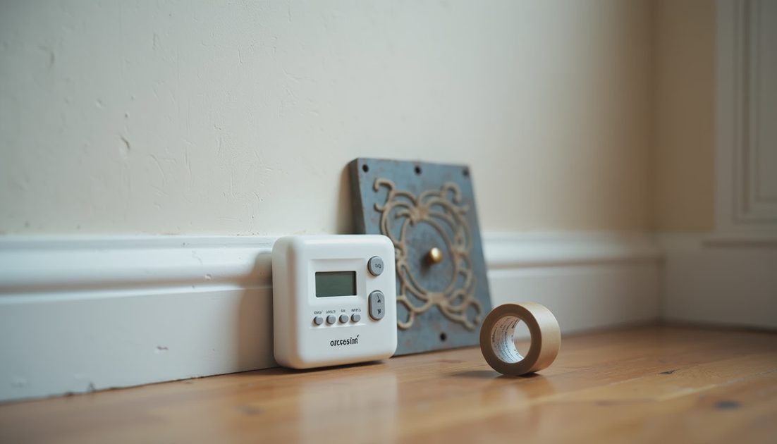 An older white programmable thermostat beside a removed faceplate and electrical tape on a baseboard, illustrating the difference between programmable and smart home devices for older adults