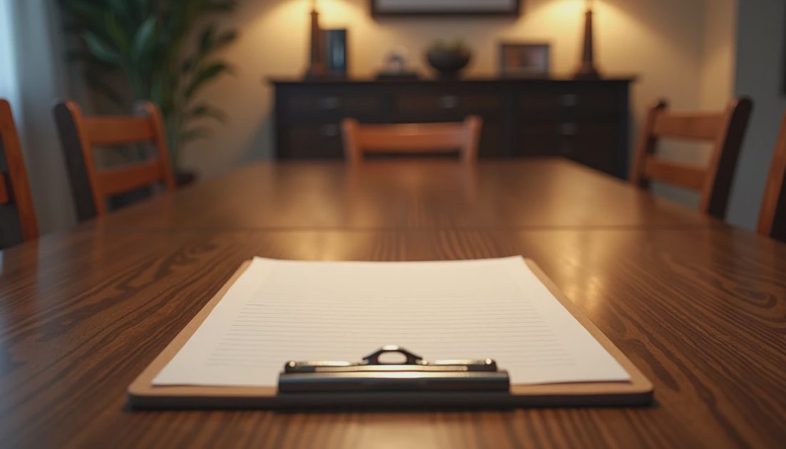 A clipboard with a blank form on a dining table between two empty chairs