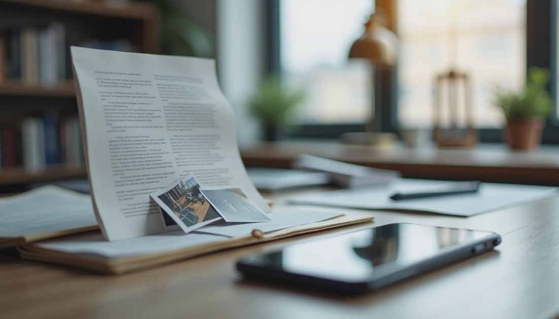 Paper folder and phone with share icon on desk
