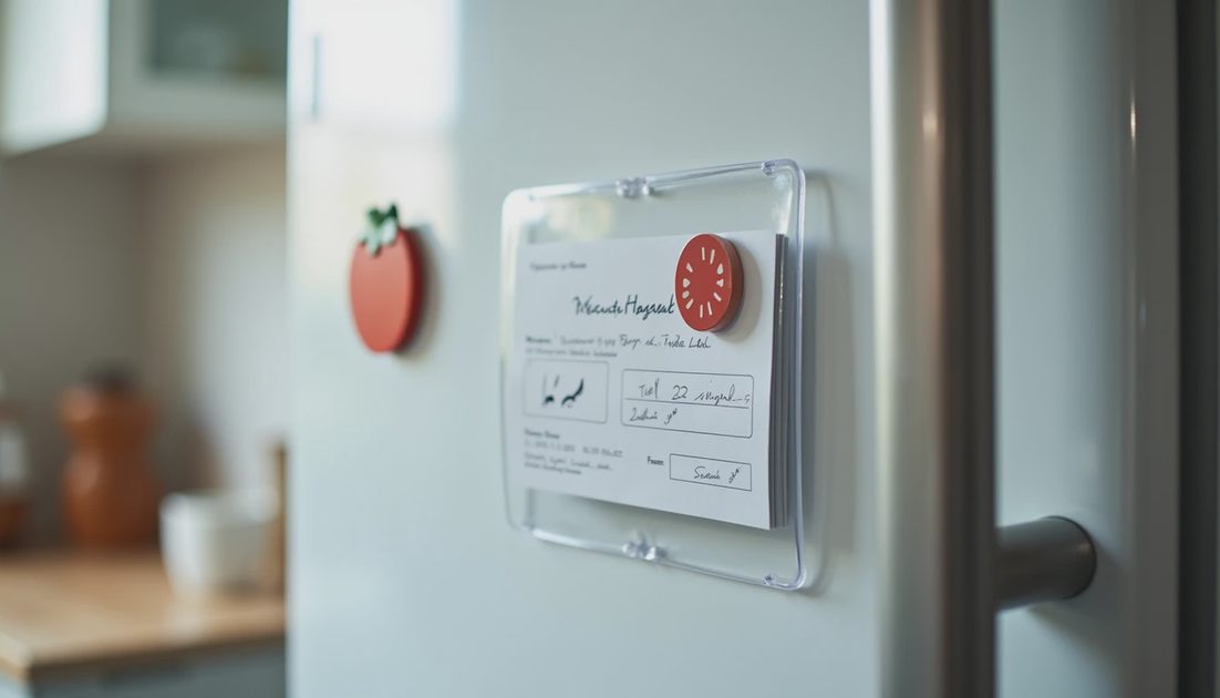 A card in a plastic sleeve held by a magnet on a refrigerator door