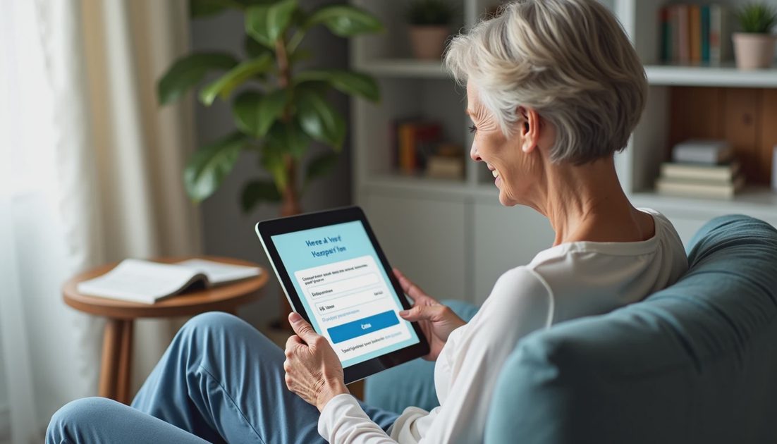 Woman opening hospital app login on tablet