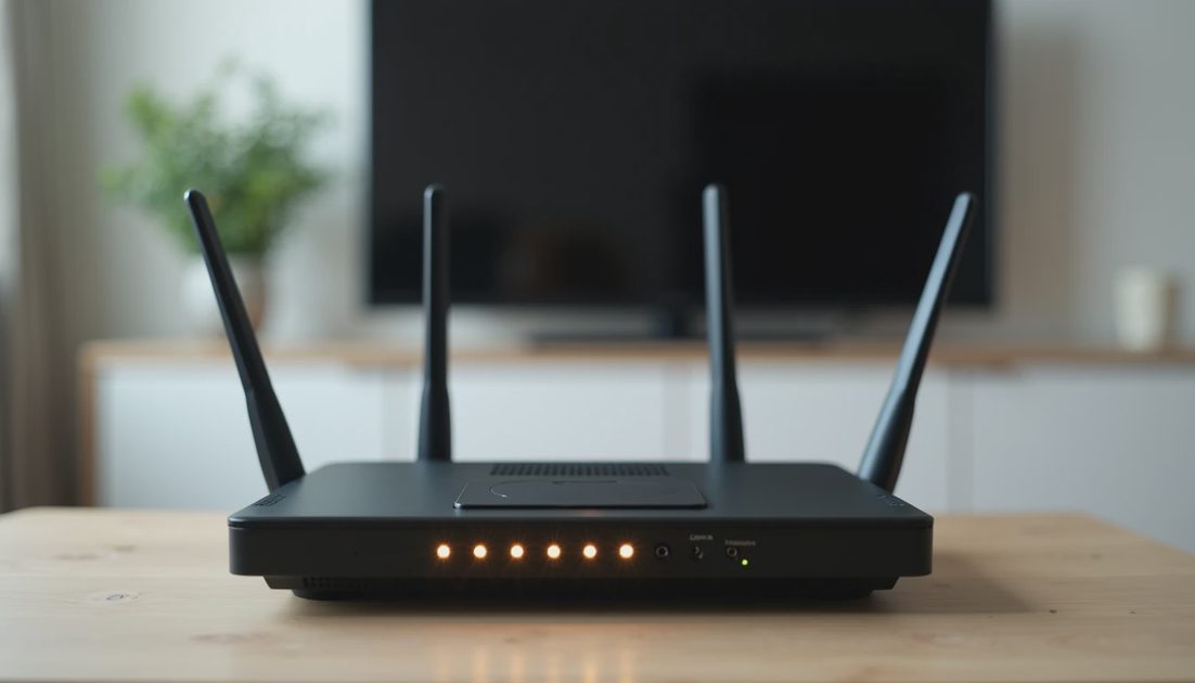 A close-up of a Wi-Fi router showing steady status lights on a TV stand, indicating a working home internet connection