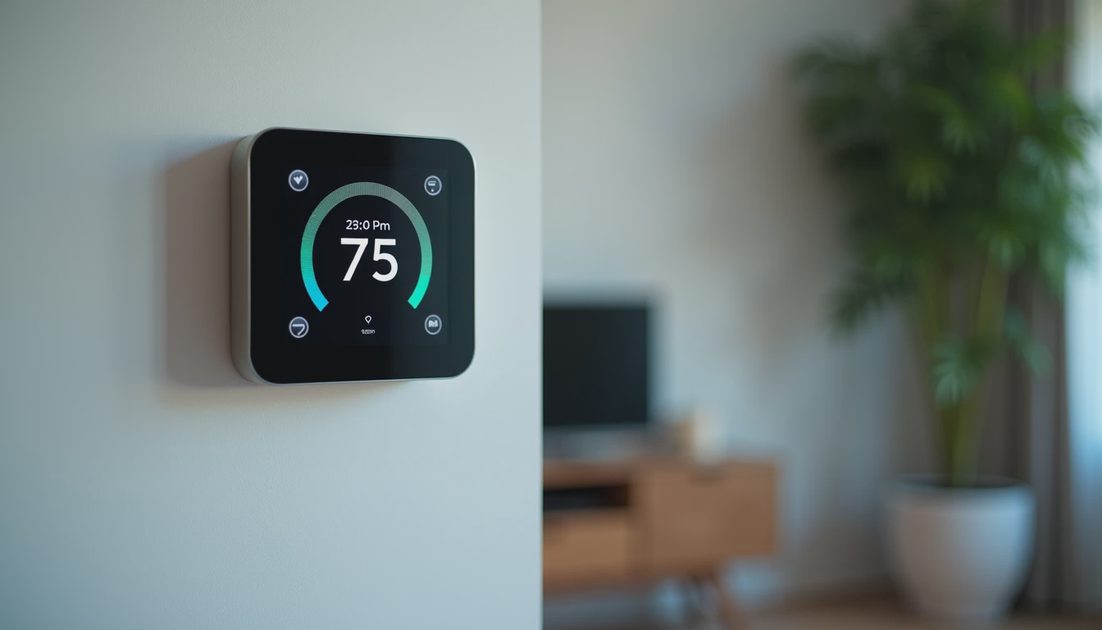 A newly installed square smart thermostat on a wall, with a phone beside it displaying a temperature history graph in the app